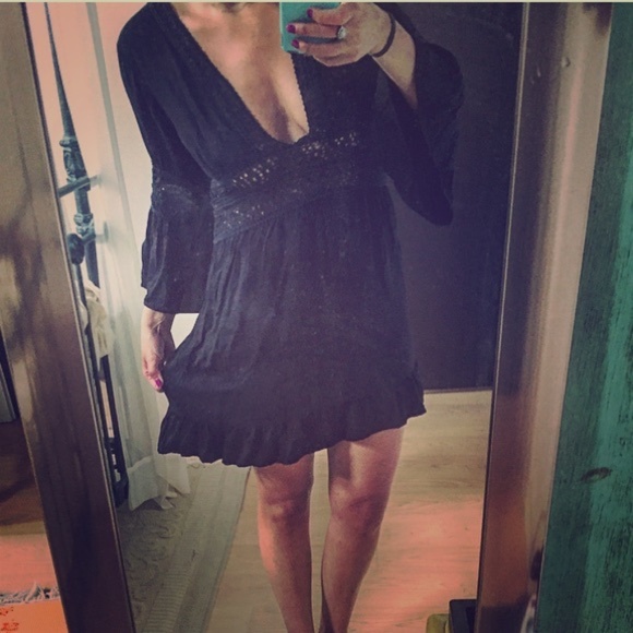 Indah Dresses & Skirts - INDAH Black Crochet Trim V Neck Mini Dress